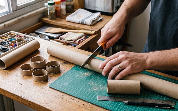 Eu não jogo fora os rolos de papel alumínio: corto-os em anéis como se fossem salsichas — assim, fica menos bagunçado no armário e na cozinha