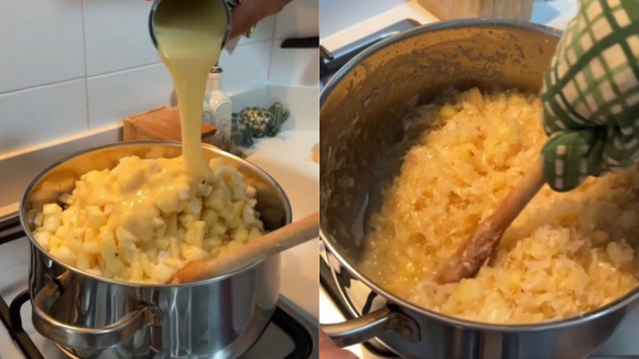É preciso mexer a cocada sem parar na panela até o líquido secar e ficar cremoso (Créditos: Reprodução/@jucenha/Instagram)