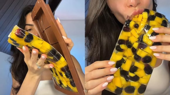 Depois de pronta, a barra de gelatina deve ser mantida na geladeira e consumida em até 5 dias (Créditos: Reprodução/@lafernandesss/TikTok)