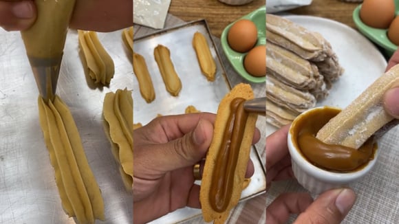 Biscoito de churros crocante com recheio de doce de leite e SEM FRITURA é a solução para ter o sabor do doce das barraquinhas de rua sem sufoco