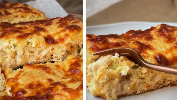 Faça uma vez e tenha um lanche delicioso para a semana inteira: torta de frango cremosa fit, perfeita para separar em porções e levar para o trabalho ou treino