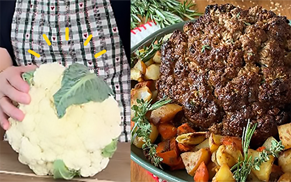 Parece peru de Natal, mas é uma couve-flor assada com molho de cogumelos para servir como prato principal, aprenda a receita vegana!