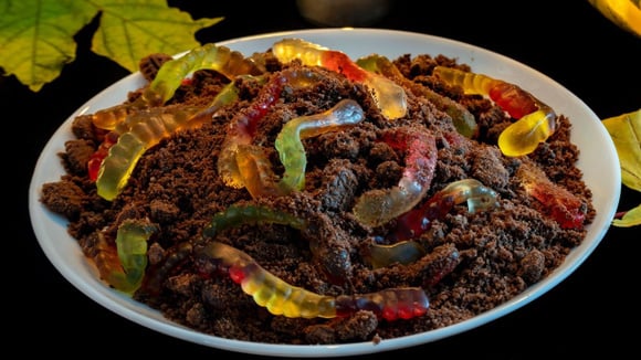 Doce terra de minhoca com biscoitos de chocolate triturados por cima (Créditos: Shutterstock)