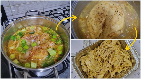 O frango desfiado da minha mãe é o melhor do mundo: simples de fazer, saboroso e o caldo que sobra vira uma canja deliciosa
