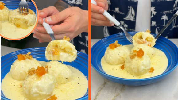 Nhocão com recheio de brie, damasco e nozes ao molho de queijo que desmancha na boca: receita espetacular com pouca farinha