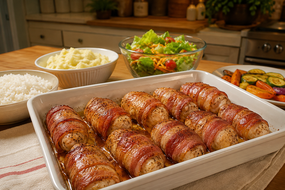 Sempre faço esse prato simples para o jantar: suculentos rolinhos de frango envoltos em bacon crocante (assados ​​no forno!)