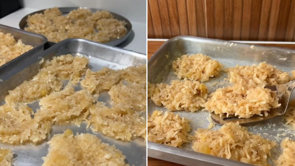 Depois de pronta, a cocada deve ser colocada em assadeiras ou superfície untada até endurecer (Créditos: Reprodução/@jucenha/Instagram)