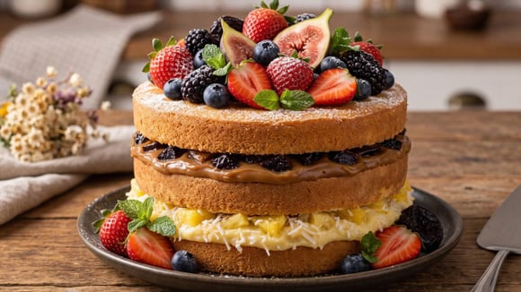 Naked cake recheado com creme de abacaxi com coco e doce de leite com ameixa decorado com frutas (Créditos: Gerado por IA)