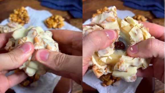 Bombom diferente tem casquinha crocante de chocolate branco com pé de moleque (Créditos: Reprodução/@pablofigueiredoc/Instagram)