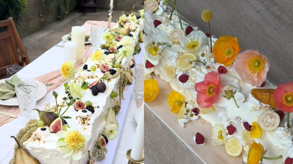 O long cake se tornou uma tendência no exterior e já está conquistando os confeiteiros brasileiros (Créditos: Reprodução / TikTok @nazliandco/@violet.flour.bakes)