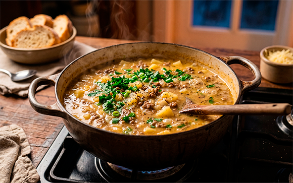 Esse caldo de batata com carne moída é barato, cremoso e salva qualquer jantar em noite fria