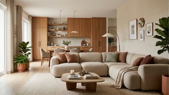 Esqueça o minimalismo: a moda agora é utilizar tons mais quentes e móveis mais amplos e confortáveis para compor o espaço da casa (Créditos: Imagem gerada com IA)
