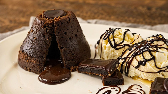 Petit gateau aberto com calda escorrendo e servido com sorvete de creme (Créditos: TudoGostoso)