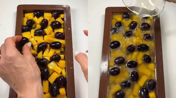 Receita é bem simples e utiliza apenas gelatina, água de coco e frutas variadas (Créditos: Reprodução/@lafernandesss/TikTok)