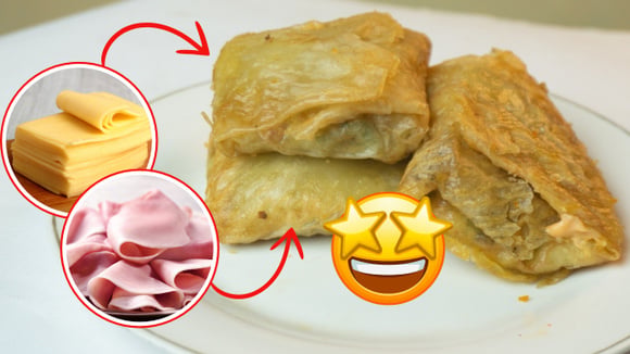 Crepe frito recheado com presunto e queijo que todo mundo gosta: detalhe importante ao servir para que fiquem crocantes