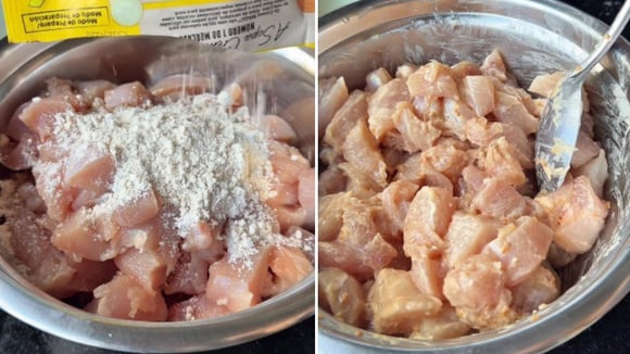Frango deve ser cortado em cubos pequenos e ter pouco líquido para cozinhar bem no forno sem deixar o creme aguado (Créditos: Reprodução/@paulinhaboque/Instagram)