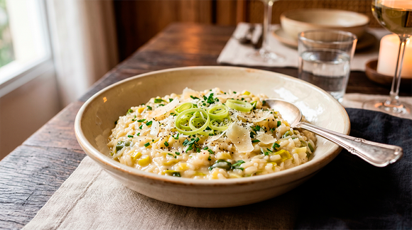 Todo mundo acha que pedi delivery de restaurante quando sirvo esse risoto de alho-poró no jantar
