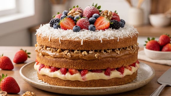 Naked cake de morango com doce de leite decorado com coco ralado, frutas vermelhas e nozes (Créditos: Gerado por IA)
