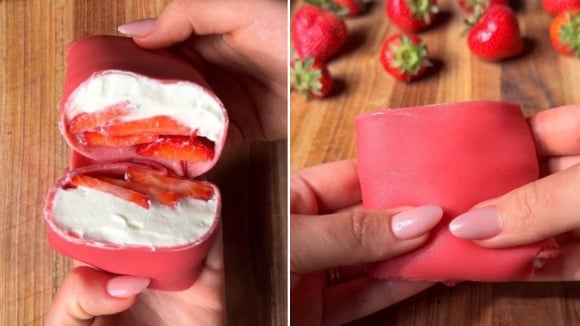 Panqueca rosa recheada com morango e chantilly: receita deliciosa é perfeita para um café da manhã especial!