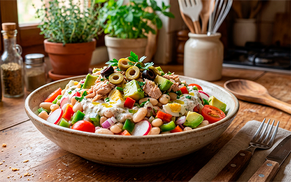 Salada de feijão com atum e molho de iogurte é completa, saudável, fácil de fazer e perfeita para refeições leves