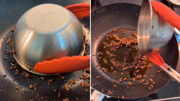Coloque uma tigela metálica no centro da panela para retirar o excesso de gordura da comida (Créditos: Reprodução/@jordan_tha_stallion8/Instagram) 
