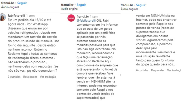 Marca Franui explica responde cliente no Instagram sobre golpe e explica onde comprar os produtos (Créditos: Reprodução/Instagram)