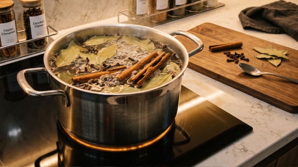 Ferver folhas de louro, canela em pau e cravo da índia (Créditos: Gerado por IA)
