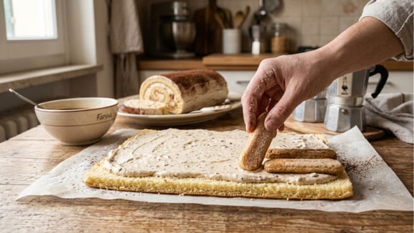 Recheio do rocambole leva creme de mascarpone saborizado com café e biscoitos champanhe (Créditos: Imagem gerada com IA)