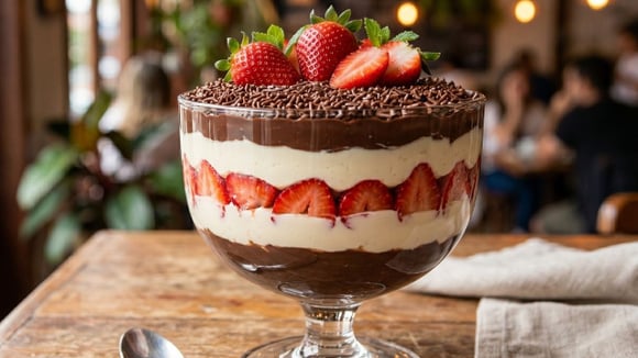 Taça da felicidade feita com creme de leite em pó, ganache de chocolate e morangos picados (Créditos: Gerado por IA)