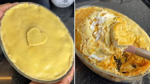 A montagem do empadão é muito simples e rende um prato delicioso para o almoço ou jantar (Créditos: Reprodução/@amandaacacioo/Instagram)