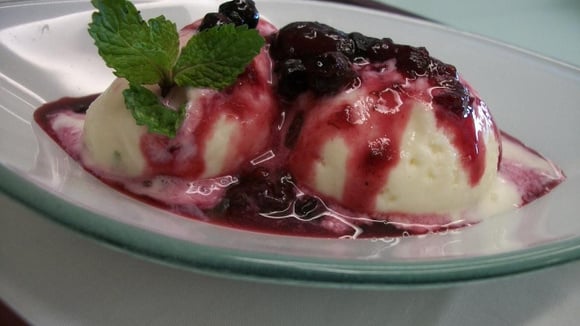 Bolas de frozen iogurte com caldas de frutas vermelhas e folhas de hortelã em prato (Créditos: TudoGostoso/Gilda Ferreira Machado)