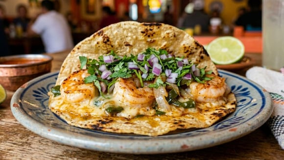 O taco gobernador levou o primeiro lugar no ranking de melhores pratos com camarão do mundo todo (Créditos: Imagem gerada com IA)