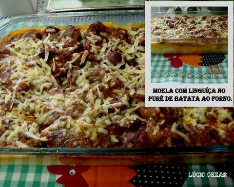 Moela com linguiça no purê de batata ao forno