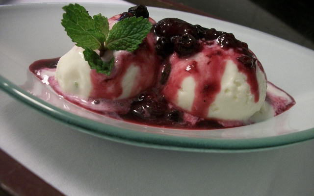 Frozen iogurte com calda de frutas vermelhas