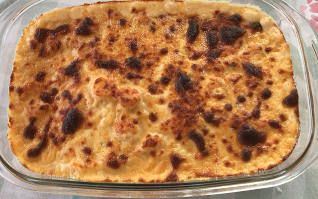 Salmão com molho de camarão aos quatro queijos e batata gratinada