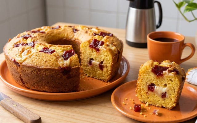 Bolo de fubá com requeijão e goiabada na massa