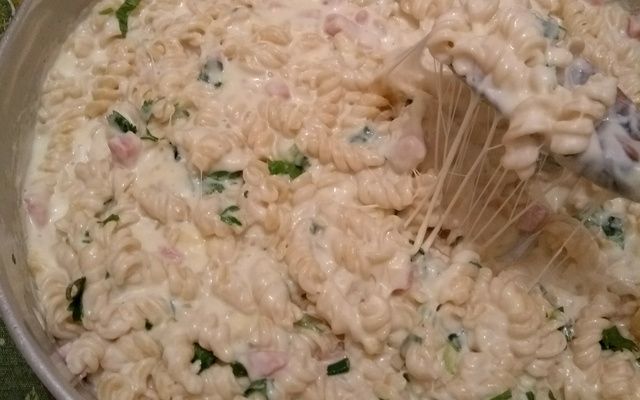 Macarrão ao molho branco com presunto e queijo