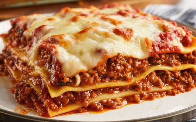 Fatia de lasanha de carne e molho branco suculenta