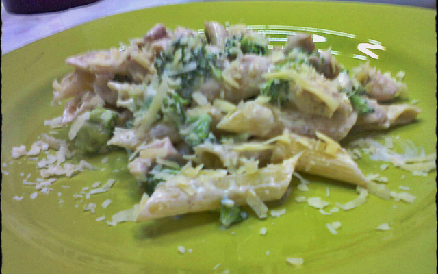 Penne cremoso com frango e brócolis