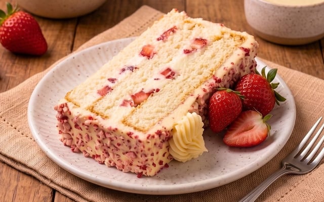 Fatia de bolo de morango cravejado com recheio cremoso