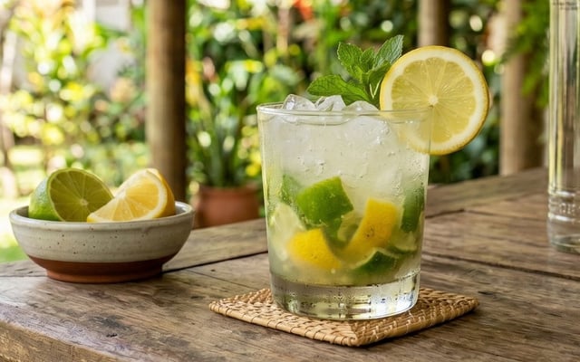 Caipirinha de limão-taiti e limão-siciliano verde e amarelo