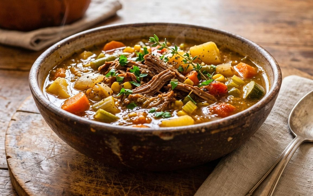 Sopa de legumes com carne desfiada bem encorpada