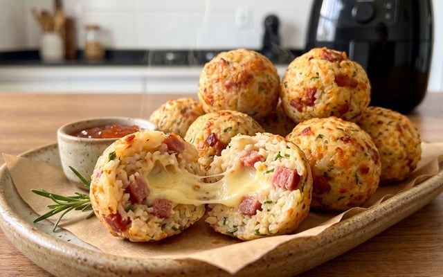 Bolinho de arroz com linguiça recheado na airfryer