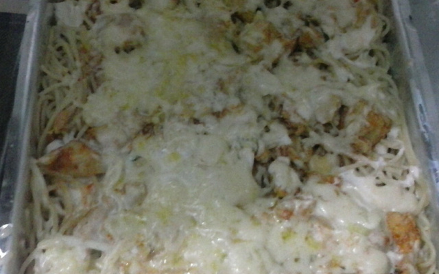 Macarrão com molho e frango desfiado