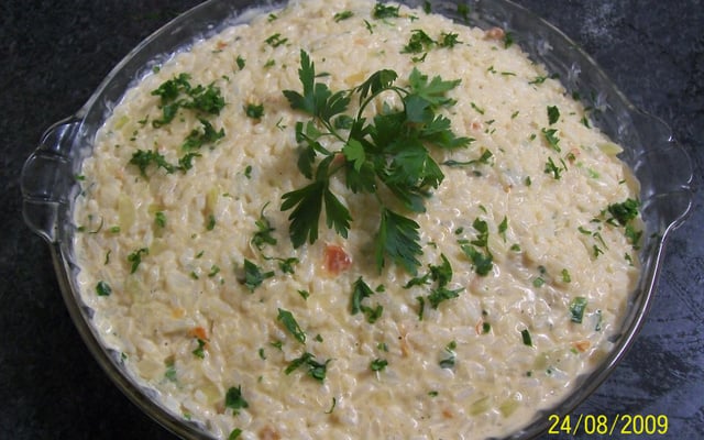 Arroz com camarão ao creme de queijo