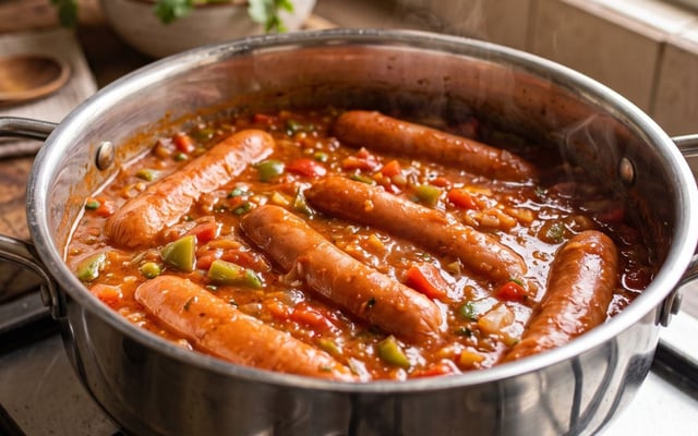 Cachorro-quente tradicional com molho encorpado na panela