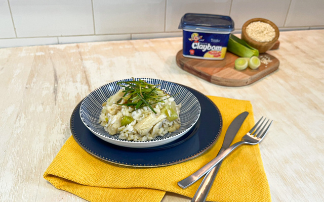 Risoto de alho-poró com bacalhau