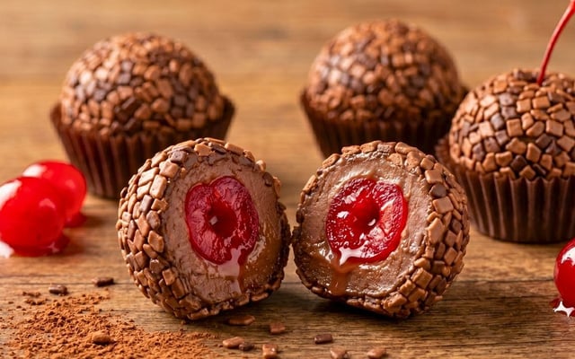 Brigadeiro de chocolate recheado com cereja cortado ao meio