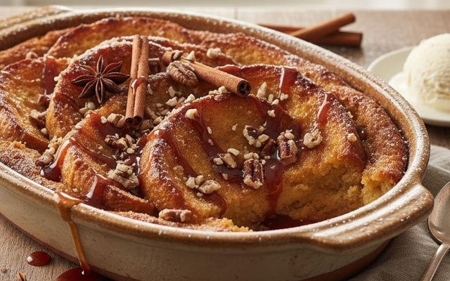 Pudim de rabanada na travessa com nozes, canela, anis e mel