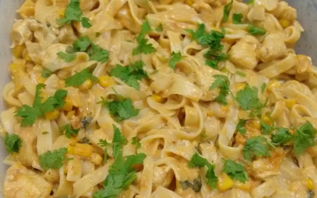 Macarrão com estrogonofe de frango rápido e fácil